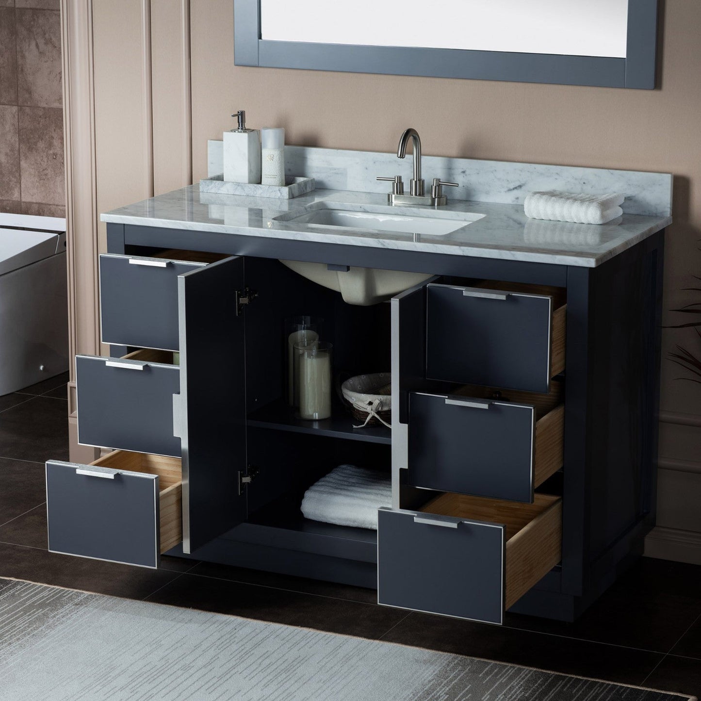 Woodbridge Venice 48" Gray and Brushed Nickel Trim Solid Wood Vanity Base and Carrara Marble Top With 3 Pre-drilled Holes for 8" Widespread Faucet