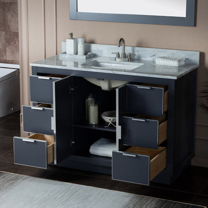 Woodbridge Venice 48" Gray and Brushed Nickel Trim Solid Wood Vanity Base and Carrara Marble Top With 3 Pre-drilled Holes for 8" Widespread Faucet