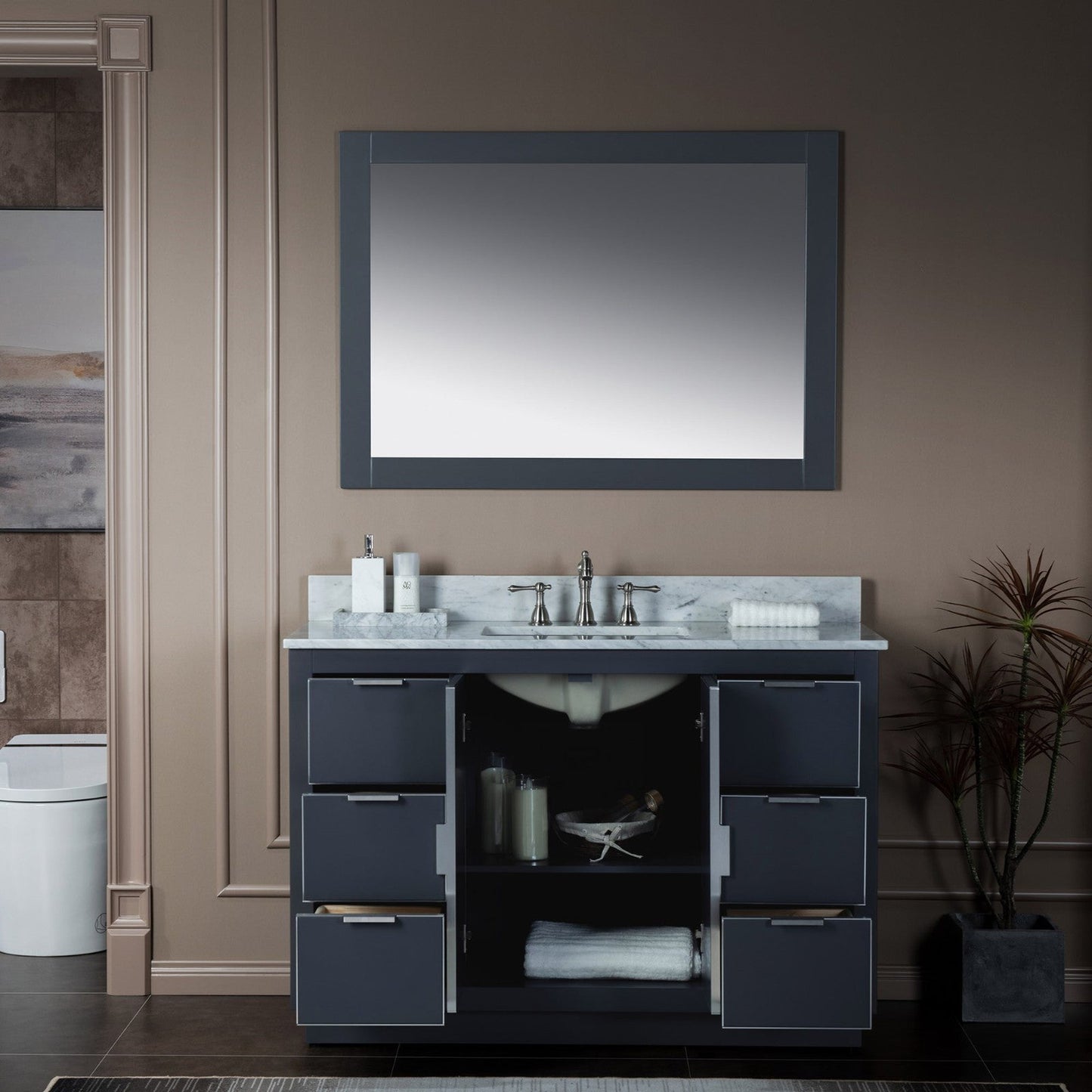 Woodbridge Venice 48" Gray and Brushed Nickel Trim Solid Wood Vanity Base and Carrara Marble Top With 3 Pre-drilled Holes for 8" Widespread Faucet