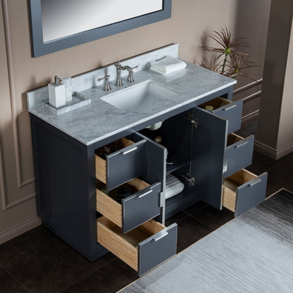 Woodbridge Venice 48" Gray and Brushed Nickel Trim Solid Wood Vanity Base and Carrara Marble Top With 3 Pre-drilled Holes for 8" Widespread Faucet