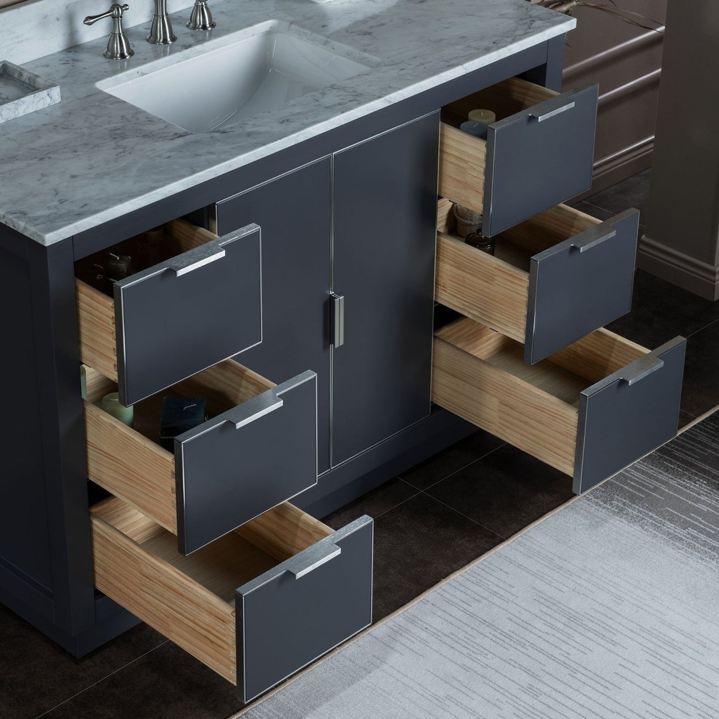 Woodbridge Venice 48" Gray and Brushed Nickel Trim Solid Wood Vanity Base and Carrara Marble Top With 3 Pre-drilled Holes for 8" Widespread Faucet