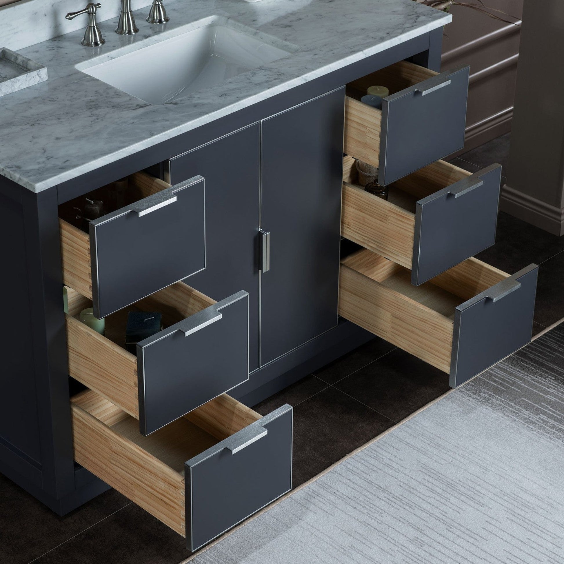 Woodbridge Venice 48" Gray and Brushed Nickel Trim Solid Wood Vanity Base and Carrara Marble Top With 3 Pre-drilled Holes for 8" Widespread Faucet