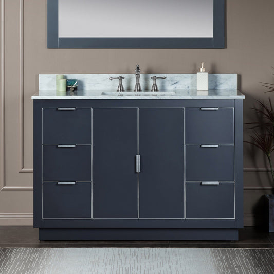 Woodbridge Venice 48" Gray and Brushed Nickel Trim Solid Wood Vanity Base and Carrara Marble Top With 3 Pre-drilled Holes for 8" Widespread Faucet