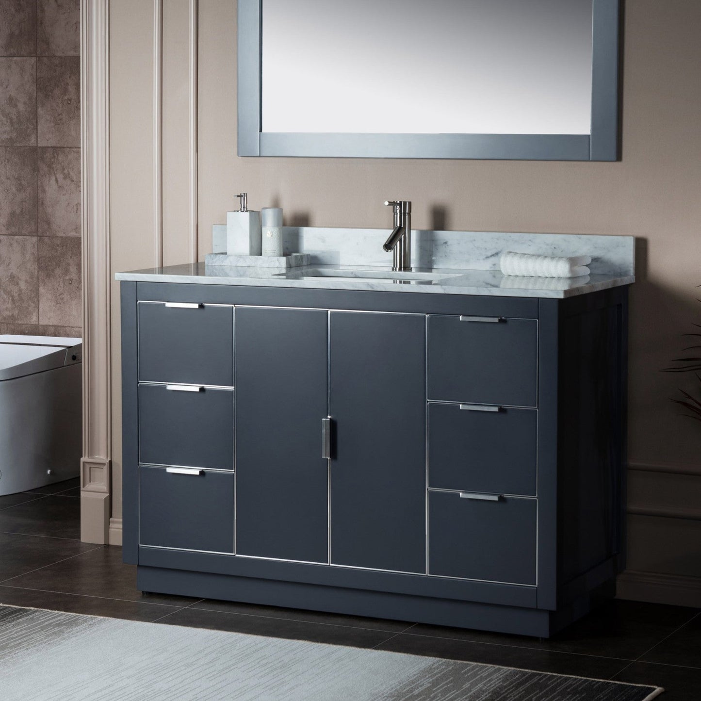 Woodbridge Venice 48" Gray and Brushed Nickel Trim Solid Wood Vanity Base and Carrara Marble Top With Pre-Drilled Single Hole Faucet