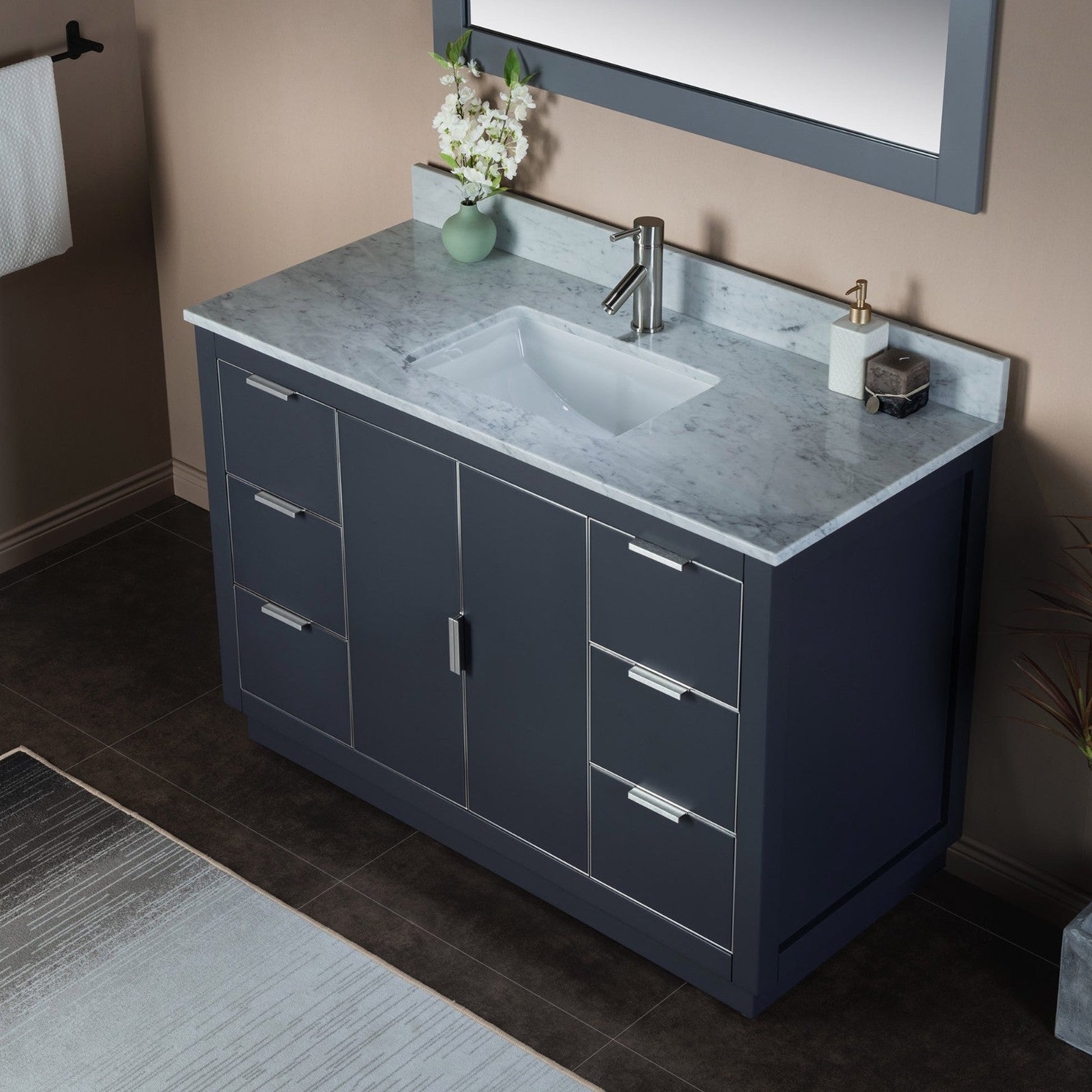 Woodbridge Venice 48" Gray and Brushed Nickel Trim Solid Wood Vanity Base and Carrara Marble Top With Pre-Drilled Single Hole Faucet