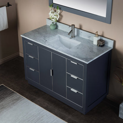 Woodbridge Venice 48" Gray and Brushed Nickel Trim Solid Wood Vanity Base and Carrara Marble Top With Pre-Drilled Single Hole Faucet