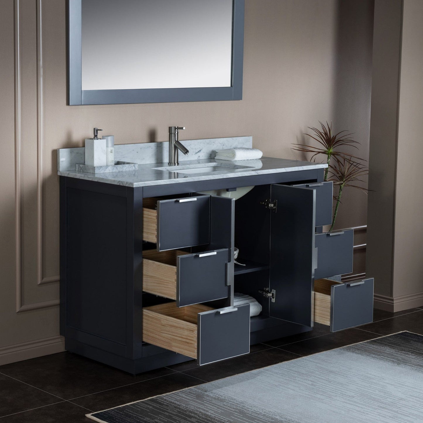 Woodbridge Venice 48" Gray and Brushed Nickel Trim Solid Wood Vanity Base and Carrara Marble Top With Pre-Drilled Single Hole Faucet