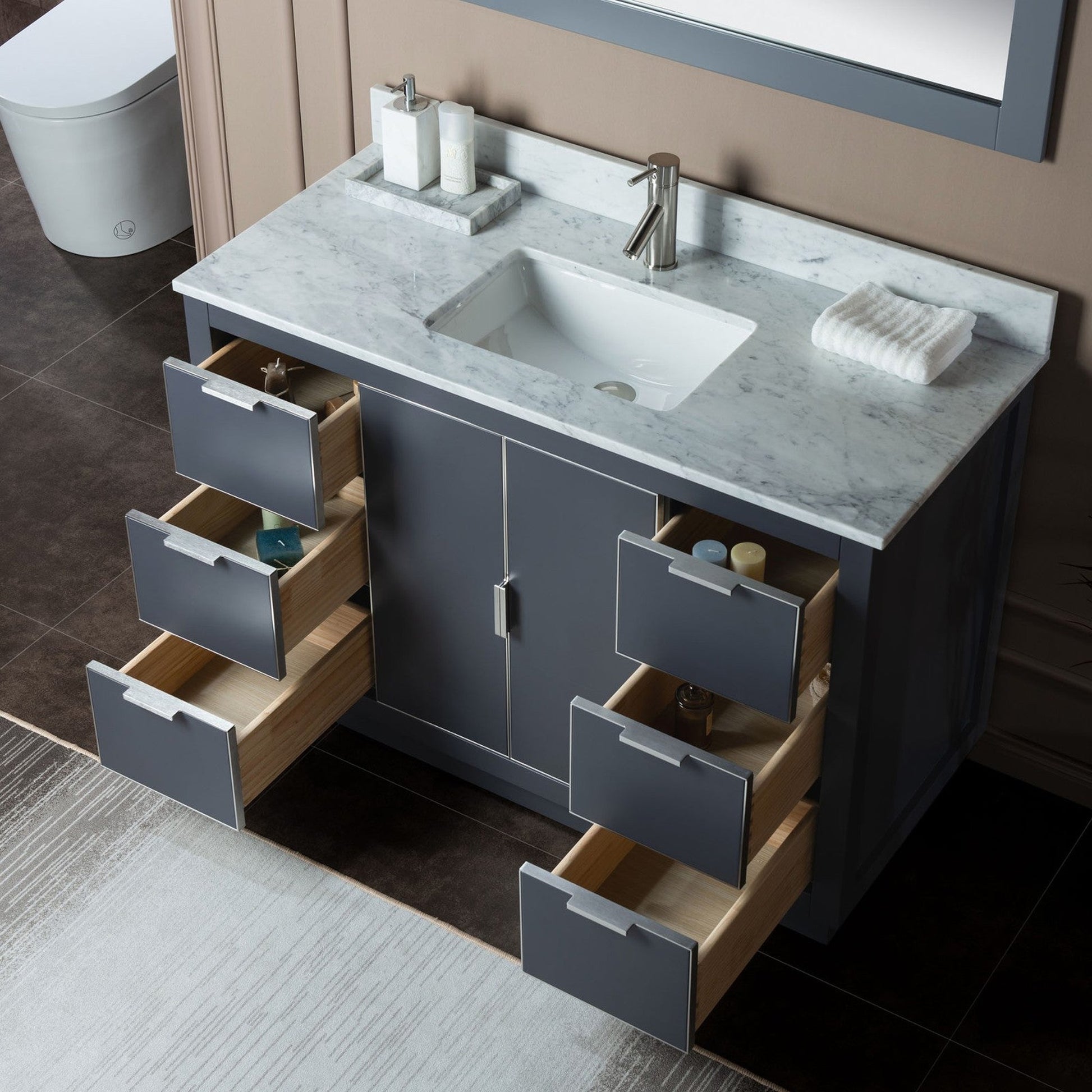 Woodbridge Venice 48" Gray and Brushed Nickel Trim Solid Wood Vanity Base and Carrara Marble Top With Pre-Drilled Single Hole Faucet