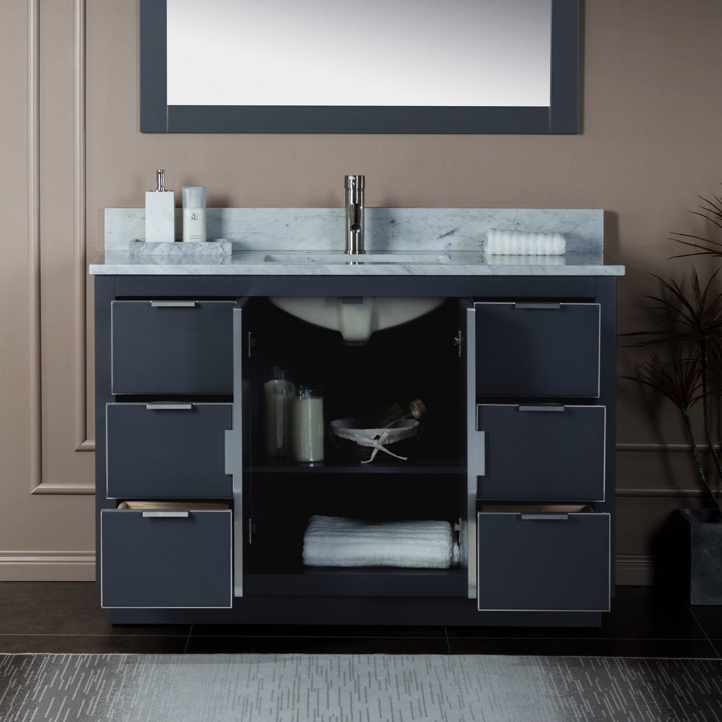 Woodbridge Venice 48" Gray and Brushed Nickel Trim Solid Wood Vanity Base and Carrara Marble Top With Pre-Drilled Single Hole Faucet