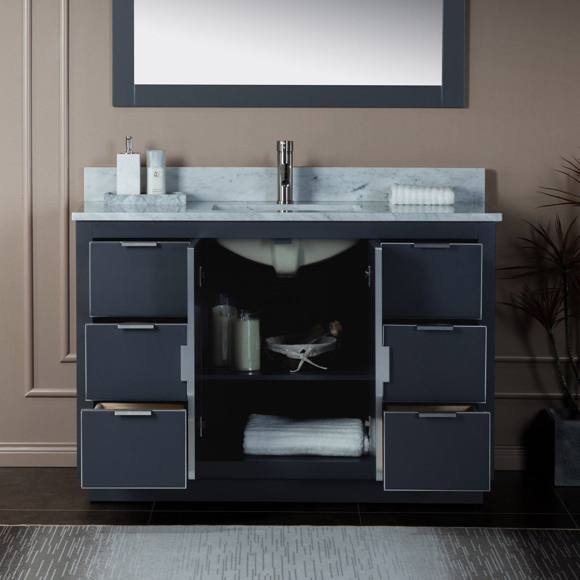 Woodbridge Venice 48" Gray and Brushed Nickel Trim Solid Wood Vanity Base and Carrara Marble Top With Pre-Drilled Single Hole Faucet