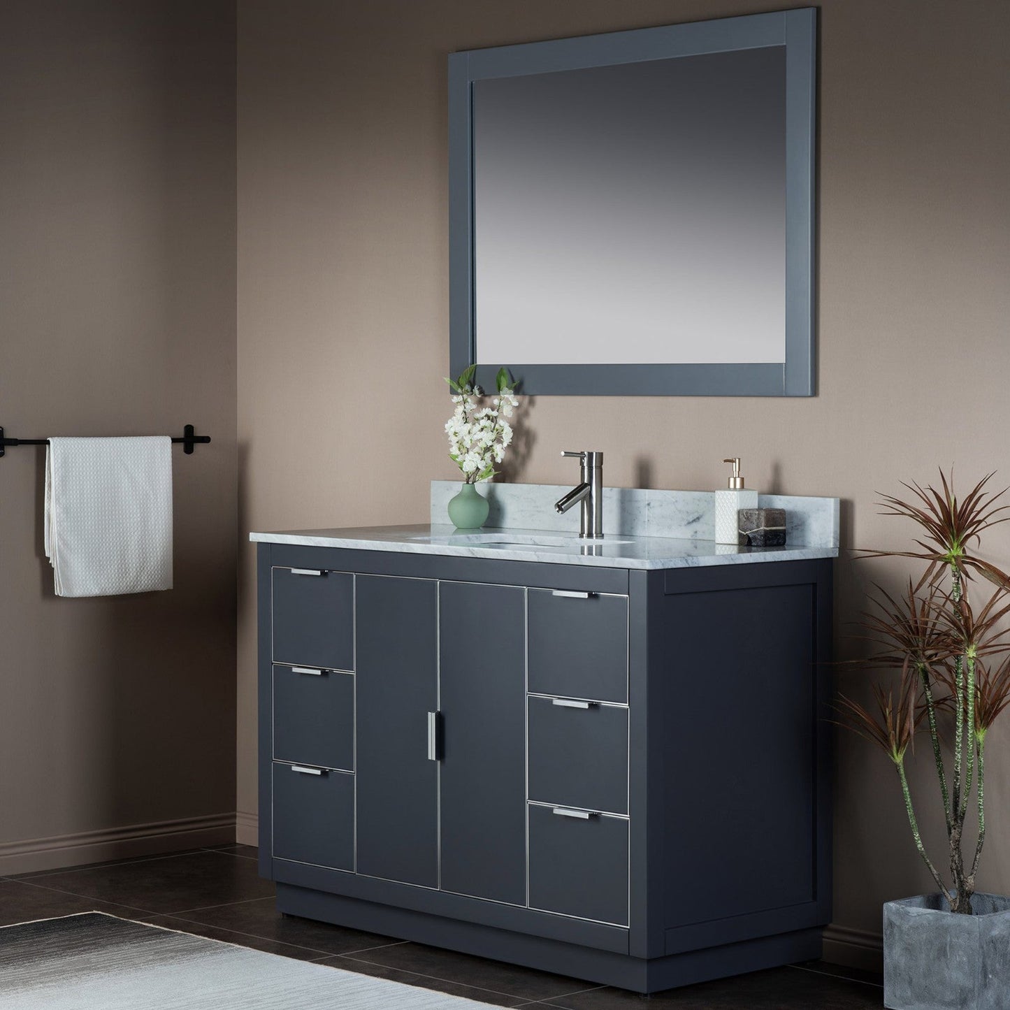 Woodbridge Venice 48" Gray and Brushed Nickel Trim Solid Wood Vanity Base and Carrara Marble Top With Pre-Drilled Single Hole Faucet