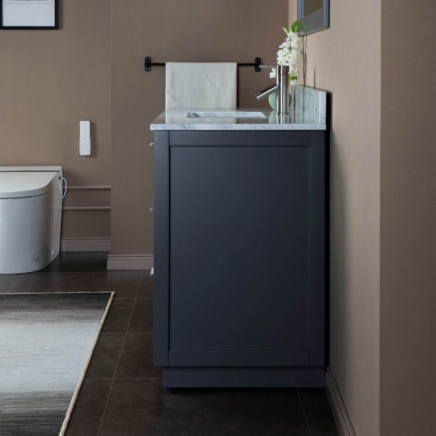 Woodbridge Venice 48" Gray and Brushed Nickel Trim Solid Wood Vanity Base and Carrara Marble Top With Pre-Drilled Single Hole Faucet