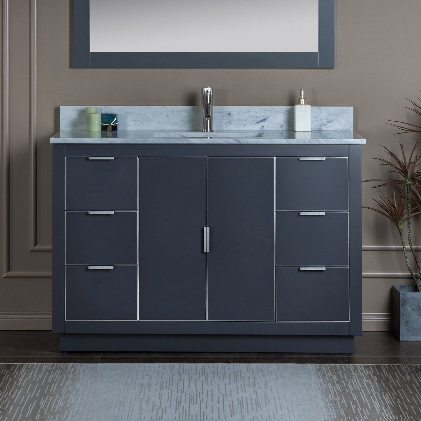 Woodbridge Venice 48" Gray and Brushed Nickel Trim Solid Wood Vanity Base and Carrara Marble Top With Pre-Drilled Single Hole Faucet