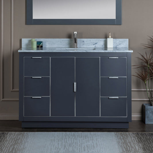 Woodbridge Venice 48" Gray and Brushed Nickel Trim Solid Wood Vanity Base and Carrara Marble Top With Pre-Drilled Single Hole Faucet