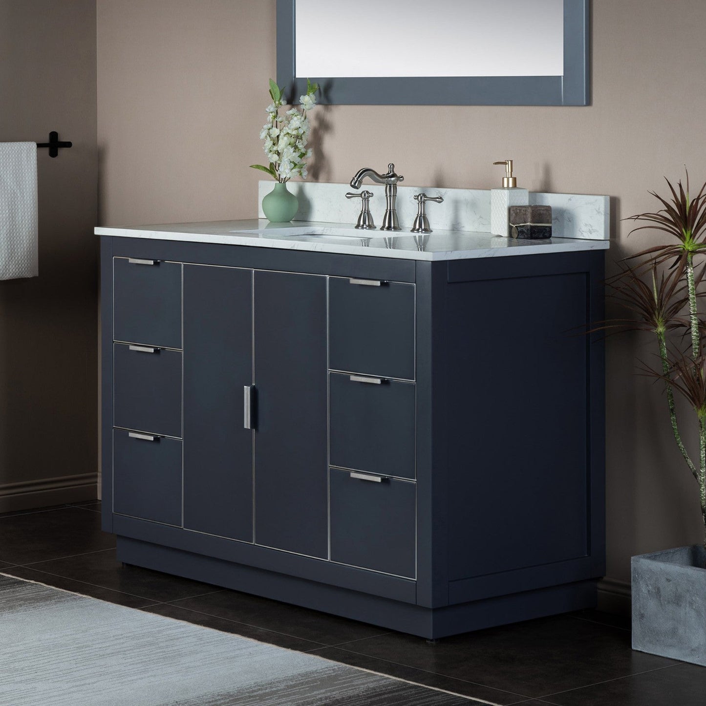Woodbridge Venice 48" Gray and Brushed Nickel Trim Solid Wood Vanity Base and Carrara White Engineered Stone Top With 3 Pre-drilled Holes for 8" Widespread Faucet
