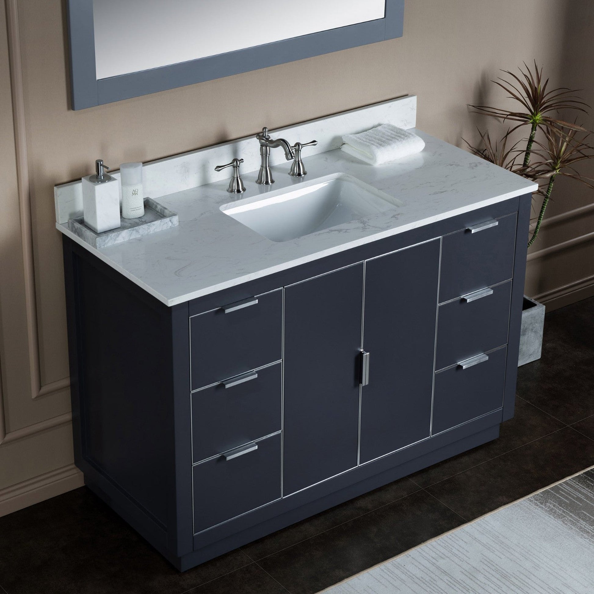 Woodbridge Venice 48" Gray and Brushed Nickel Trim Solid Wood Vanity Base and Carrara White Engineered Stone Top With 3 Pre-drilled Holes for 8" Widespread Faucet