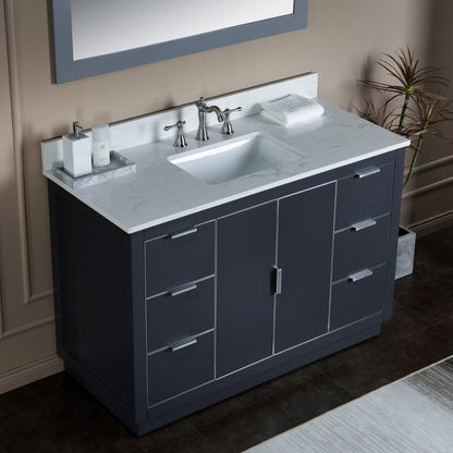 Woodbridge Venice 48" Gray and Brushed Nickel Trim Solid Wood Vanity Base and Carrara White Engineered Stone Top With 3 Pre-drilled Holes for 8" Widespread Faucet