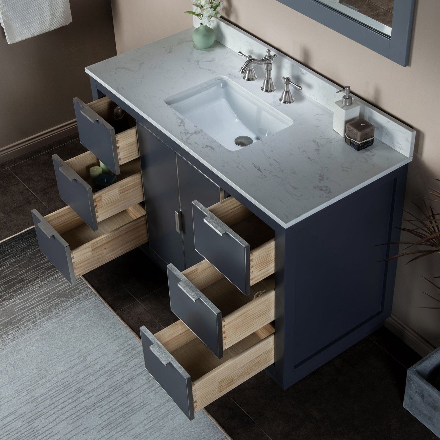 Woodbridge Venice 48" Gray and Brushed Nickel Trim Solid Wood Vanity Base and Carrara White Engineered Stone Top With 3 Pre-drilled Holes for 8" Widespread Faucet