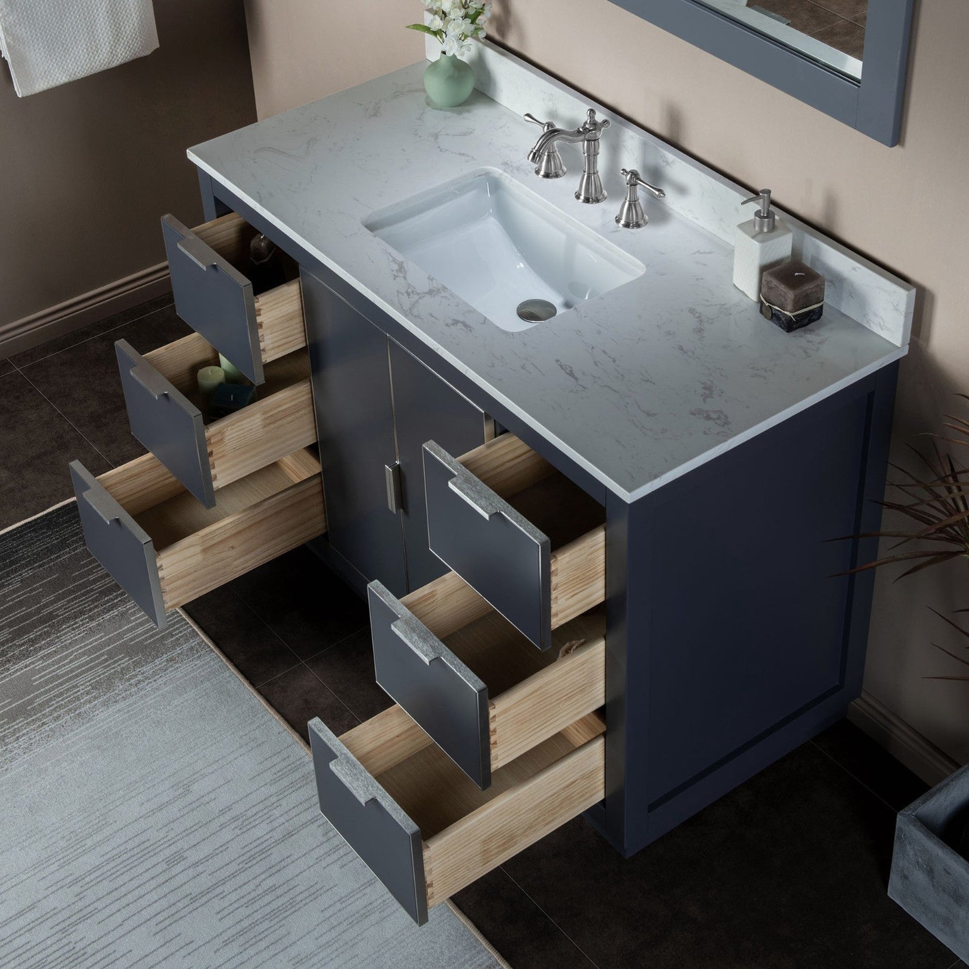 Woodbridge Venice 48" Gray and Brushed Nickel Trim Solid Wood Vanity Base and Carrara White Engineered Stone Top With 3 Pre-drilled Holes for 8" Widespread Faucet