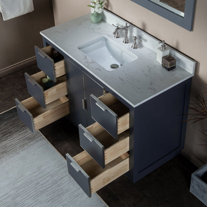 Woodbridge Venice 48" Gray and Brushed Nickel Trim Solid Wood Vanity Base and Carrara White Engineered Stone Top With 3 Pre-drilled Holes for 8" Widespread Faucet