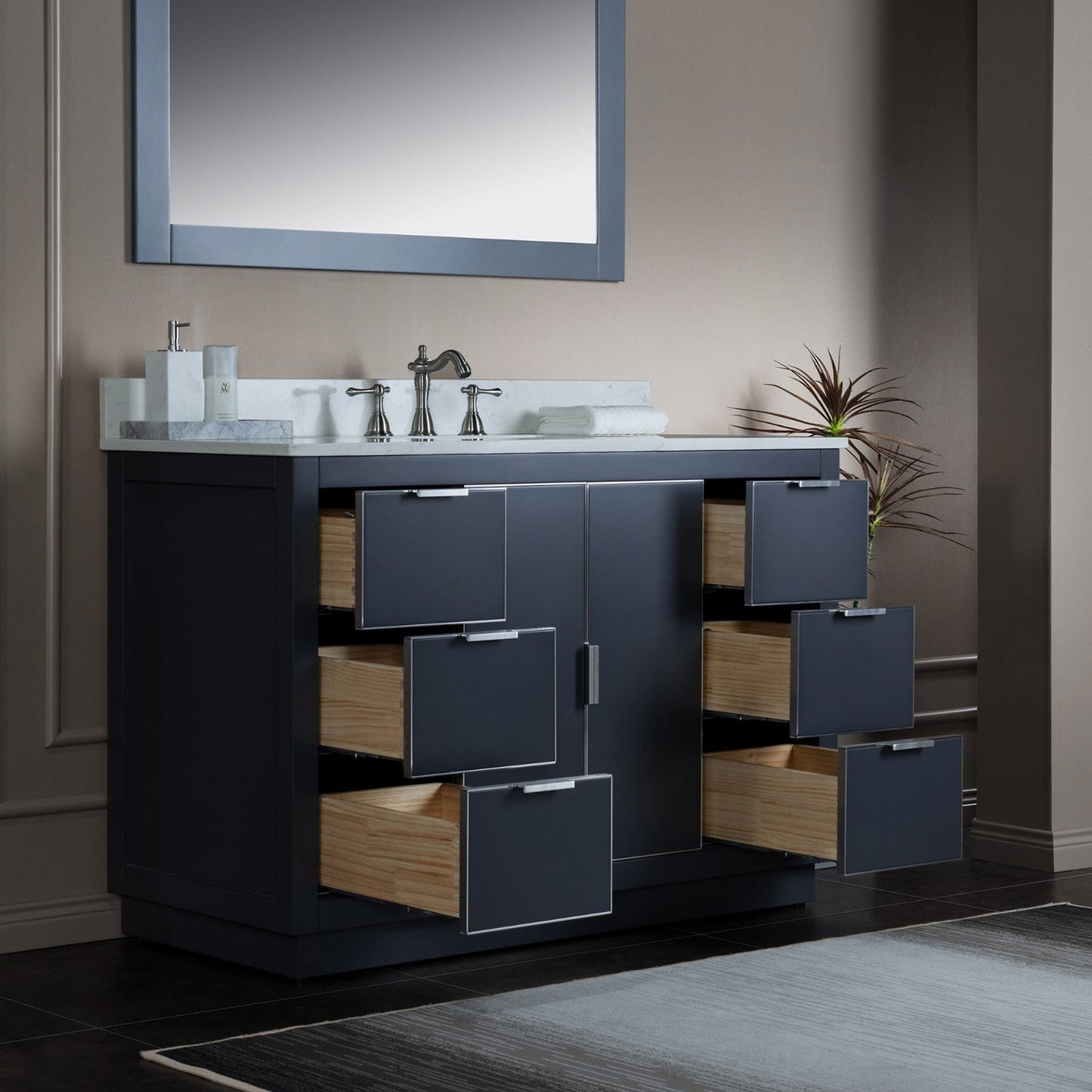 Woodbridge Venice 48" Gray and Brushed Nickel Trim Solid Wood Vanity Base and Carrara White Engineered Stone Top With 3 Pre-drilled Holes for 8" Widespread Faucet