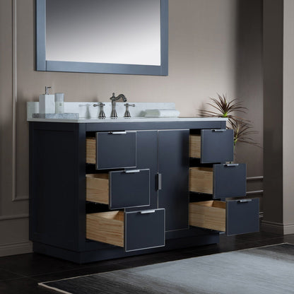 Woodbridge Venice 48" Gray and Brushed Nickel Trim Solid Wood Vanity Base and Carrara White Engineered Stone Top With 3 Pre-drilled Holes for 8" Widespread Faucet