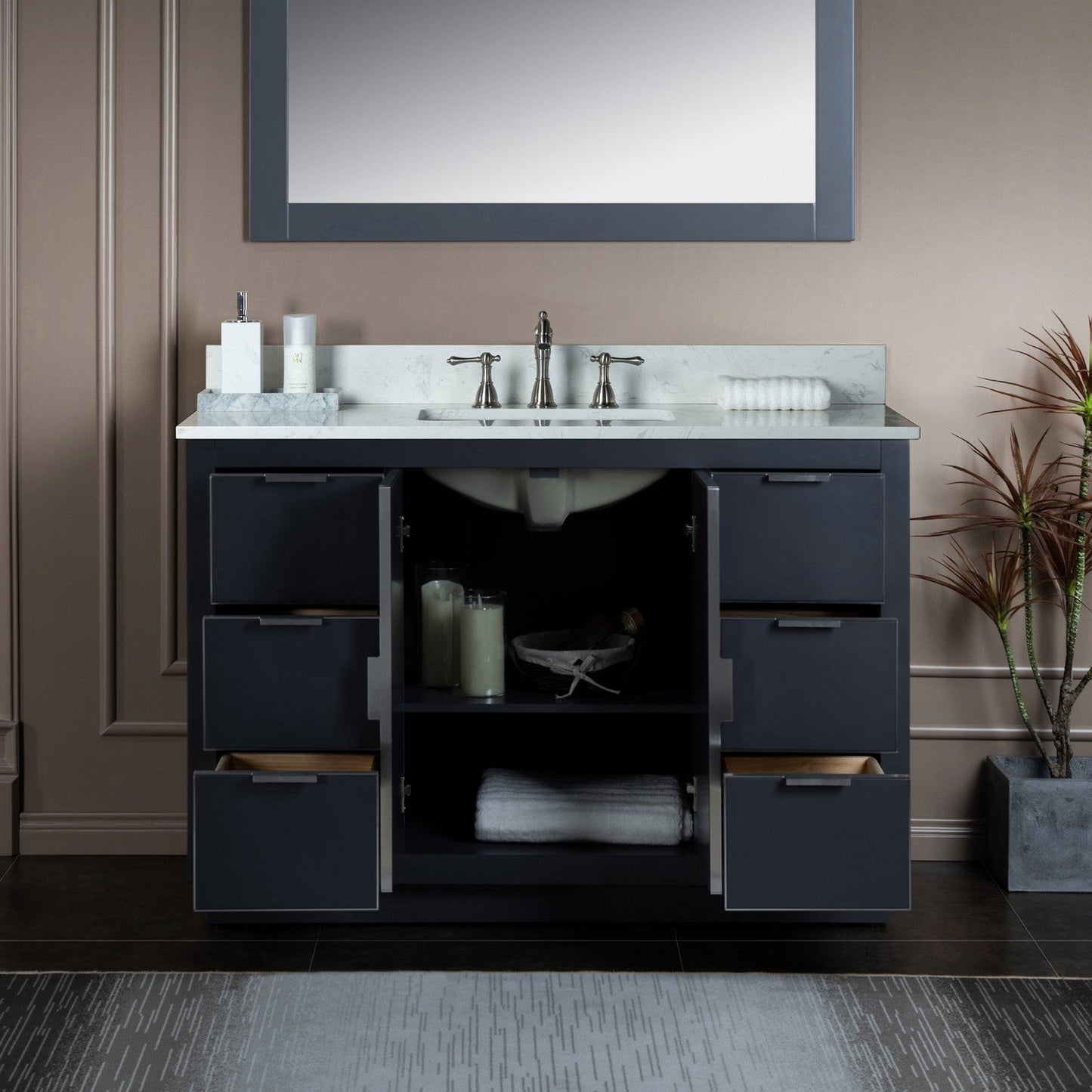 Woodbridge Venice 48" Gray and Brushed Nickel Trim Solid Wood Vanity Base and Carrara White Engineered Stone Top With 3 Pre-drilled Holes for 8" Widespread Faucet