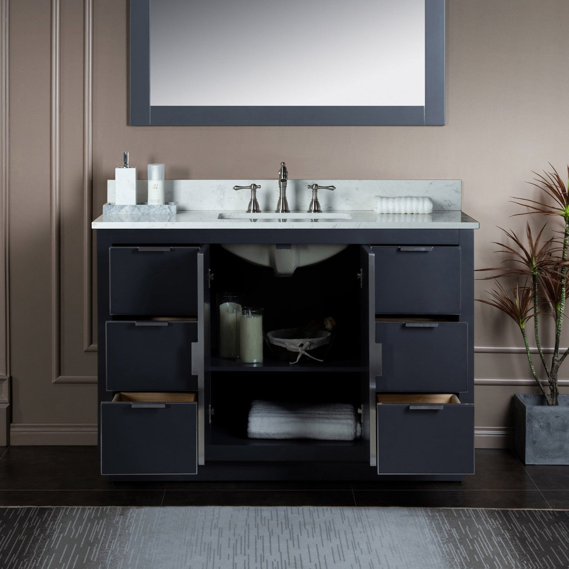Woodbridge Venice 48" Gray and Brushed Nickel Trim Solid Wood Vanity Base and Carrara White Engineered Stone Top With 3 Pre-drilled Holes for 8" Widespread Faucet
