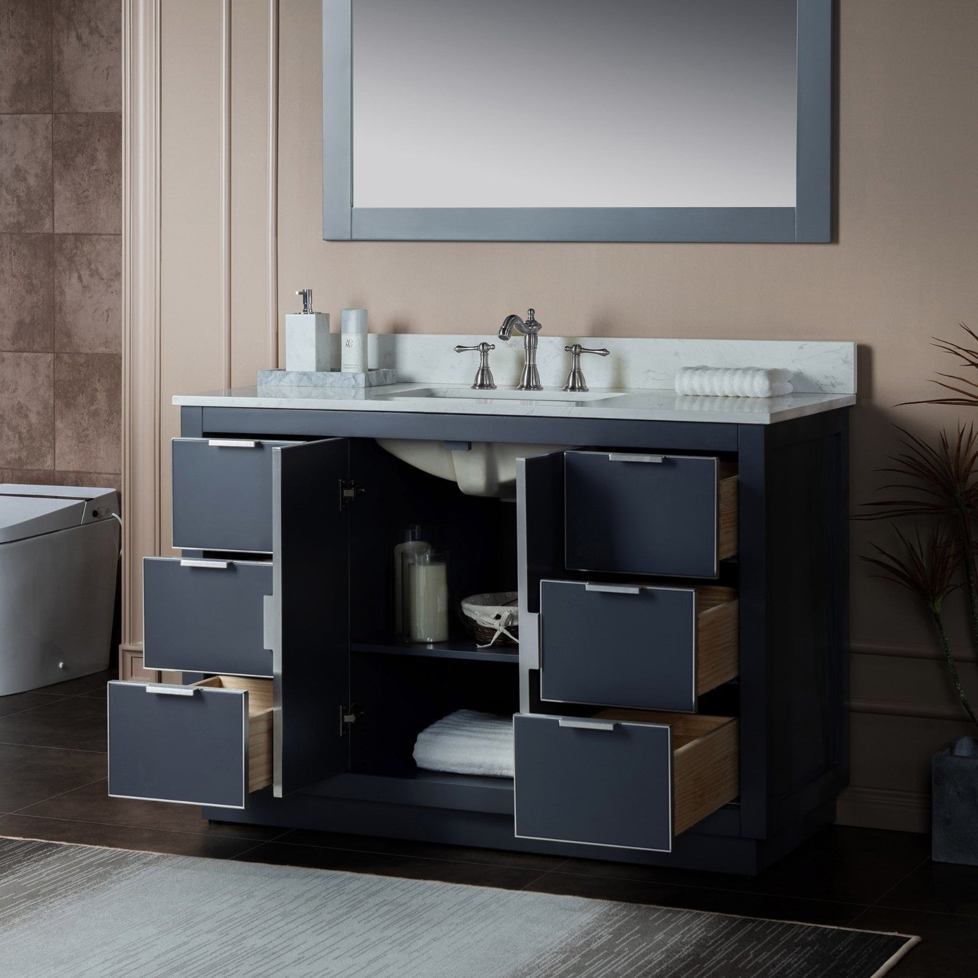 Woodbridge Venice 48" Gray and Brushed Nickel Trim Solid Wood Vanity Base and Carrara White Engineered Stone Top With 3 Pre-drilled Holes for 8" Widespread Faucet