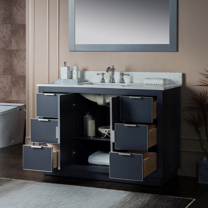 Woodbridge Venice 48" Gray and Brushed Nickel Trim Solid Wood Vanity Base and Carrara White Engineered Stone Top With 3 Pre-drilled Holes for 8" Widespread Faucet