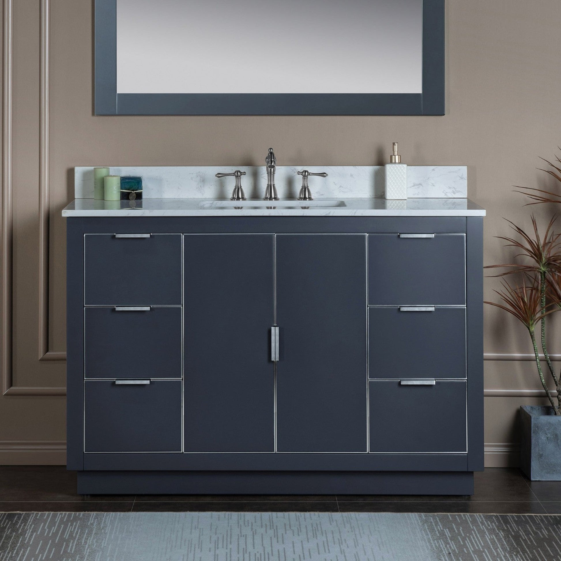 Woodbridge Venice 48" Gray and Brushed Nickel Trim Solid Wood Vanity Base and Carrara White Engineered Stone Top With 3 Pre-drilled Holes for 8" Widespread Faucet