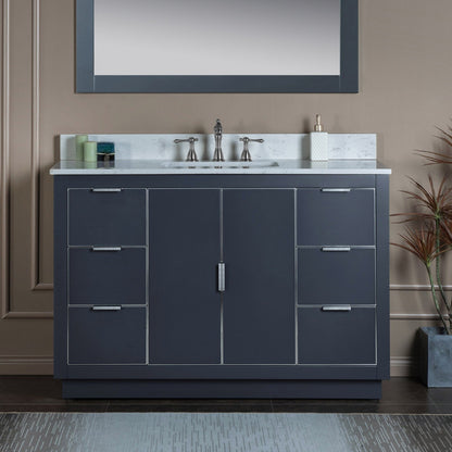 Woodbridge Venice 48" Gray and Brushed Nickel Trim Solid Wood Vanity Base and Carrara White Engineered Stone Top With 3 Pre-drilled Holes for 8" Widespread Faucet