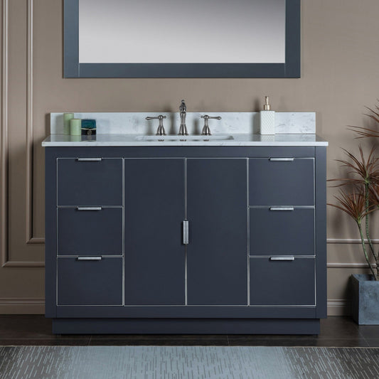 Woodbridge Venice 48" Gray and Brushed Nickel Trim Solid Wood Vanity Base and Carrara White Engineered Stone Top With 3 Pre-drilled Holes for 8" Widespread Faucet