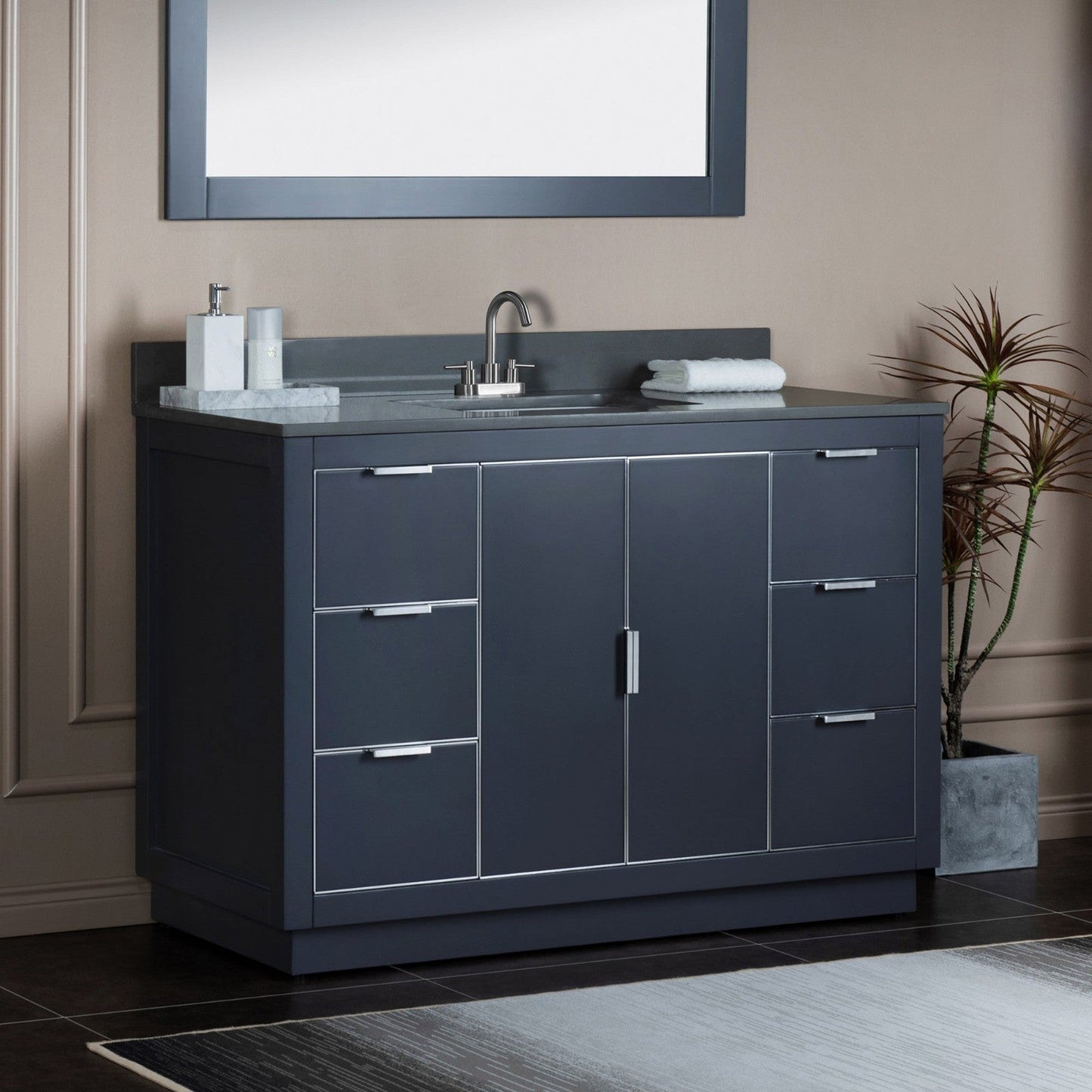 Woodbridge Venice 48" Gray and Brushed Nickel Trim Solid Wood Vanity Base and Dark Gray Engineered Stone Composite Top With 3 Pre-Drilled Holes for 4" Centerset Faucet