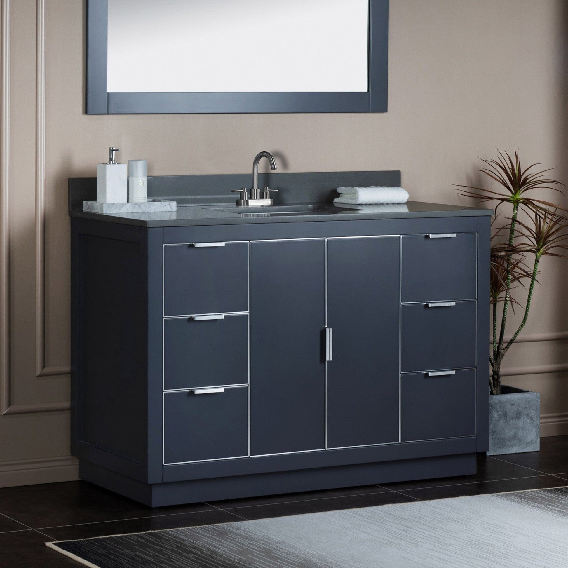 Woodbridge Venice 48" Gray and Brushed Nickel Trim Solid Wood Vanity Base and Dark Gray Engineered Stone Composite Top With 3 Pre-Drilled Holes for 4" Centerset Faucet