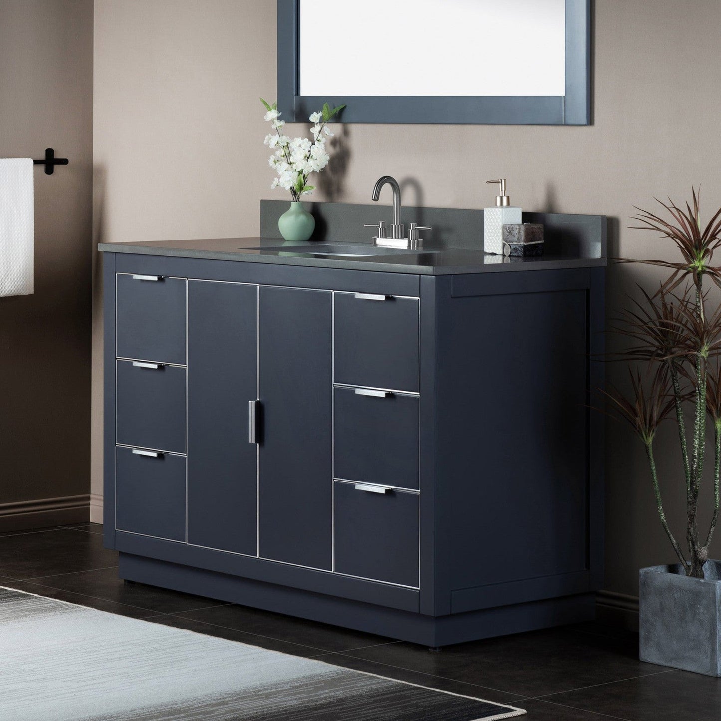 Woodbridge Venice 48" Gray and Brushed Nickel Trim Solid Wood Vanity Base and Dark Gray Engineered Stone Composite Top With 3 Pre-Drilled Holes for 4" Centerset Faucet