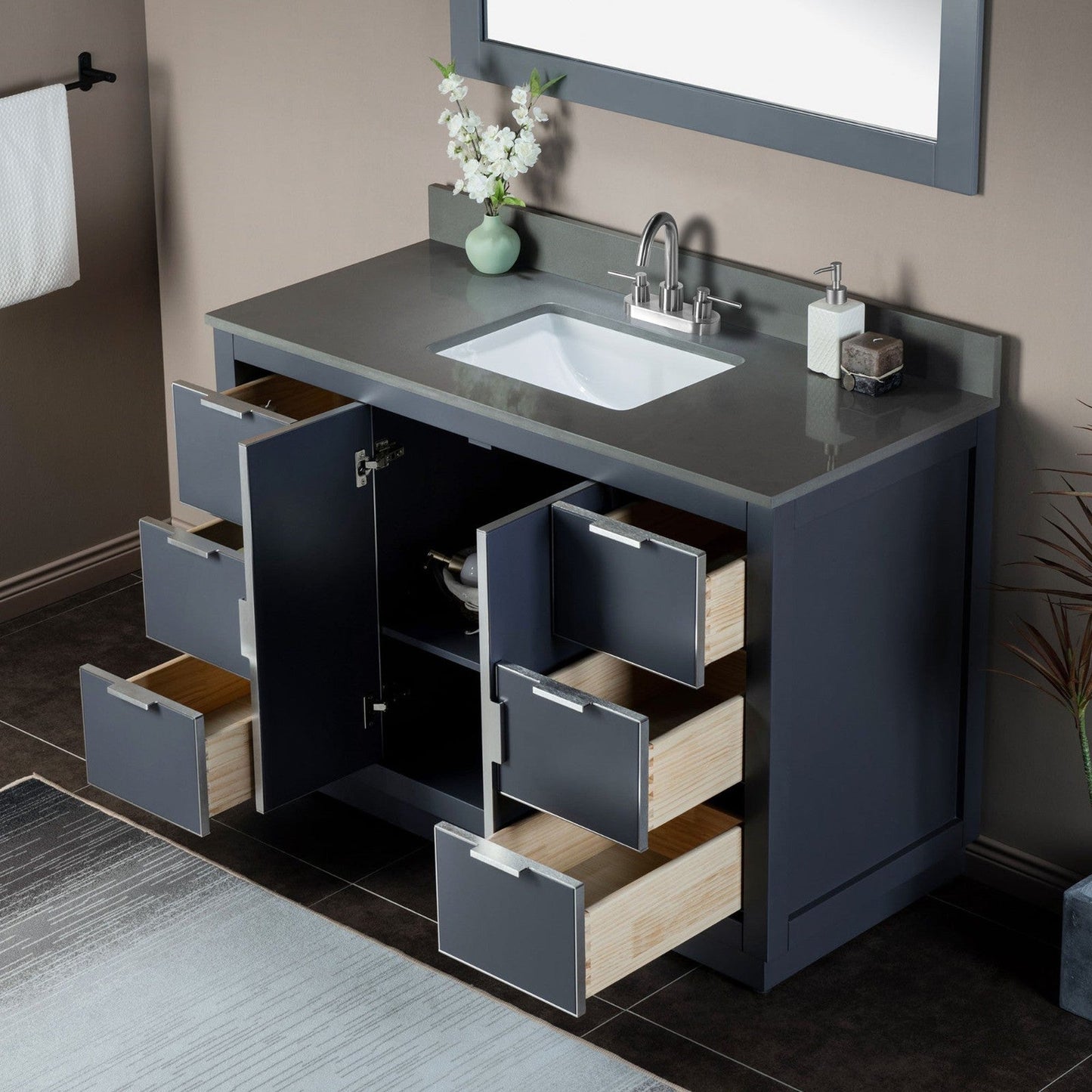 Woodbridge Venice 48" Gray and Brushed Nickel Trim Solid Wood Vanity Base and Dark Gray Engineered Stone Composite Top With 3 Pre-Drilled Holes for 4" Centerset Faucet