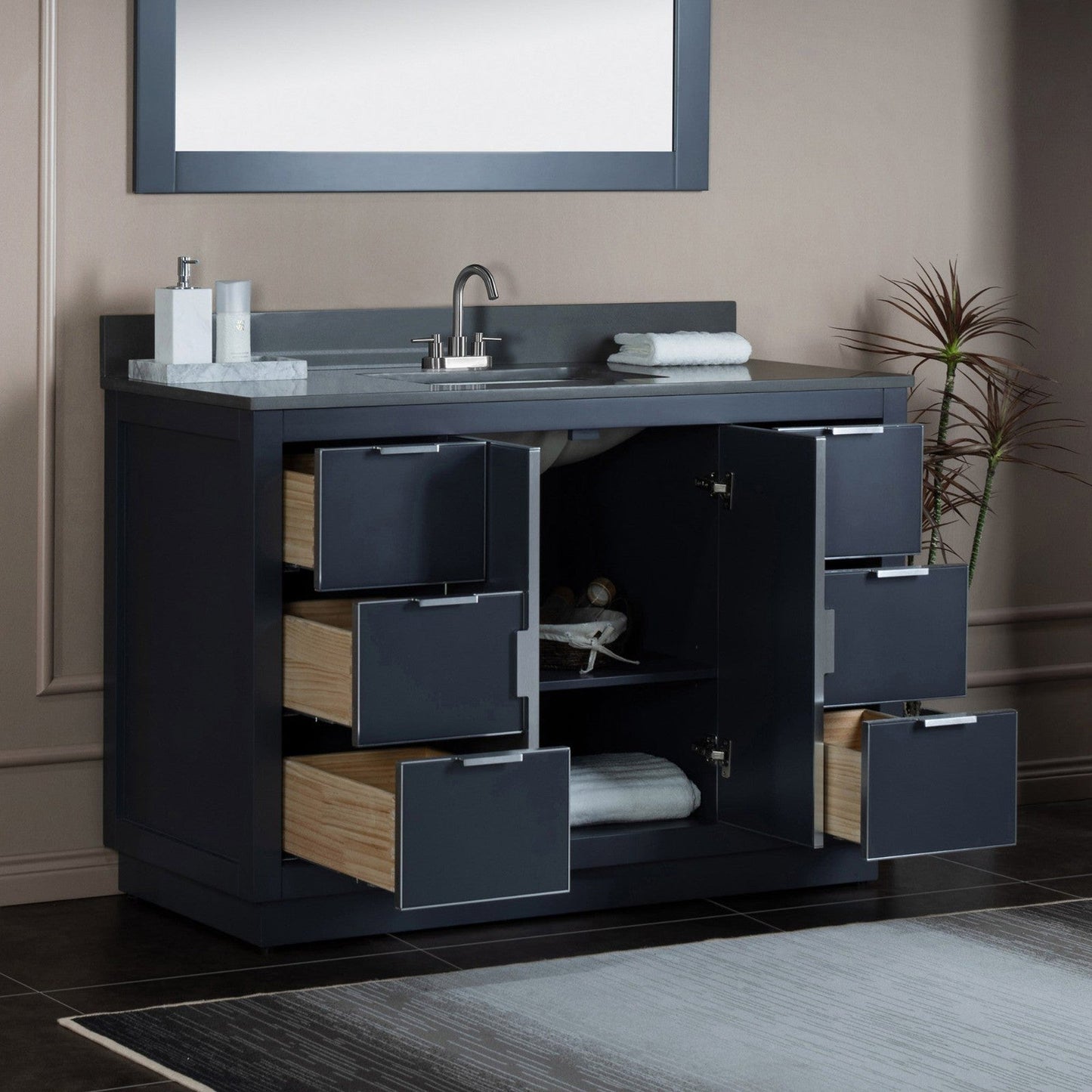 Woodbridge Venice 48" Gray and Brushed Nickel Trim Solid Wood Vanity Base and Dark Gray Engineered Stone Composite Top With 3 Pre-Drilled Holes for 4" Centerset Faucet