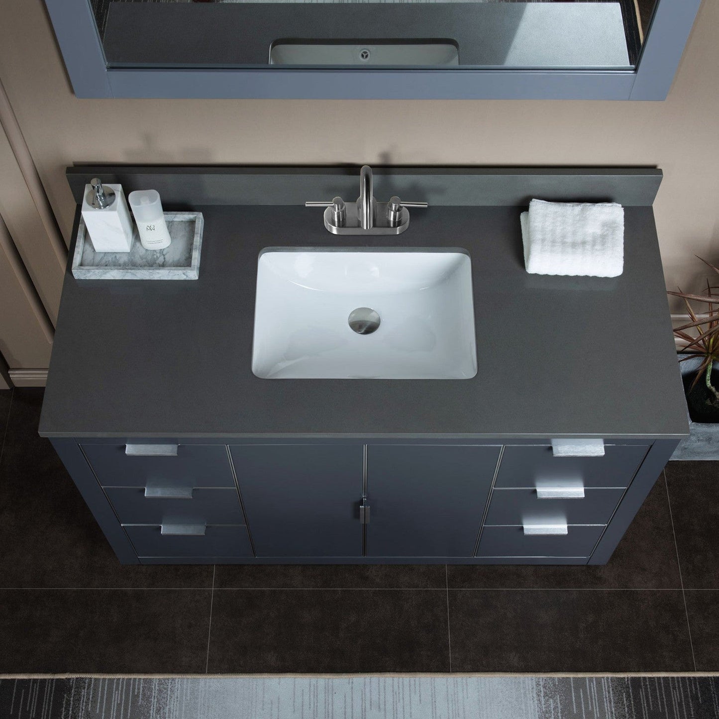 Woodbridge Venice 48" Gray and Brushed Nickel Trim Solid Wood Vanity Base and Dark Gray Engineered Stone Composite Top With 3 Pre-Drilled Holes for 4" Centerset Faucet