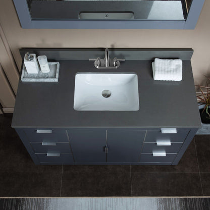 Woodbridge Venice 48" Gray and Brushed Nickel Trim Solid Wood Vanity Base and Dark Gray Engineered Stone Composite Top With 3 Pre-Drilled Holes for 4" Centerset Faucet