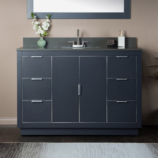 Woodbridge Venice 48" Gray and Brushed Nickel Trim Solid Wood Vanity Base and Dark Gray Engineered Stone Composite Top With 3 Pre-Drilled Holes for 4" Centerset Faucet