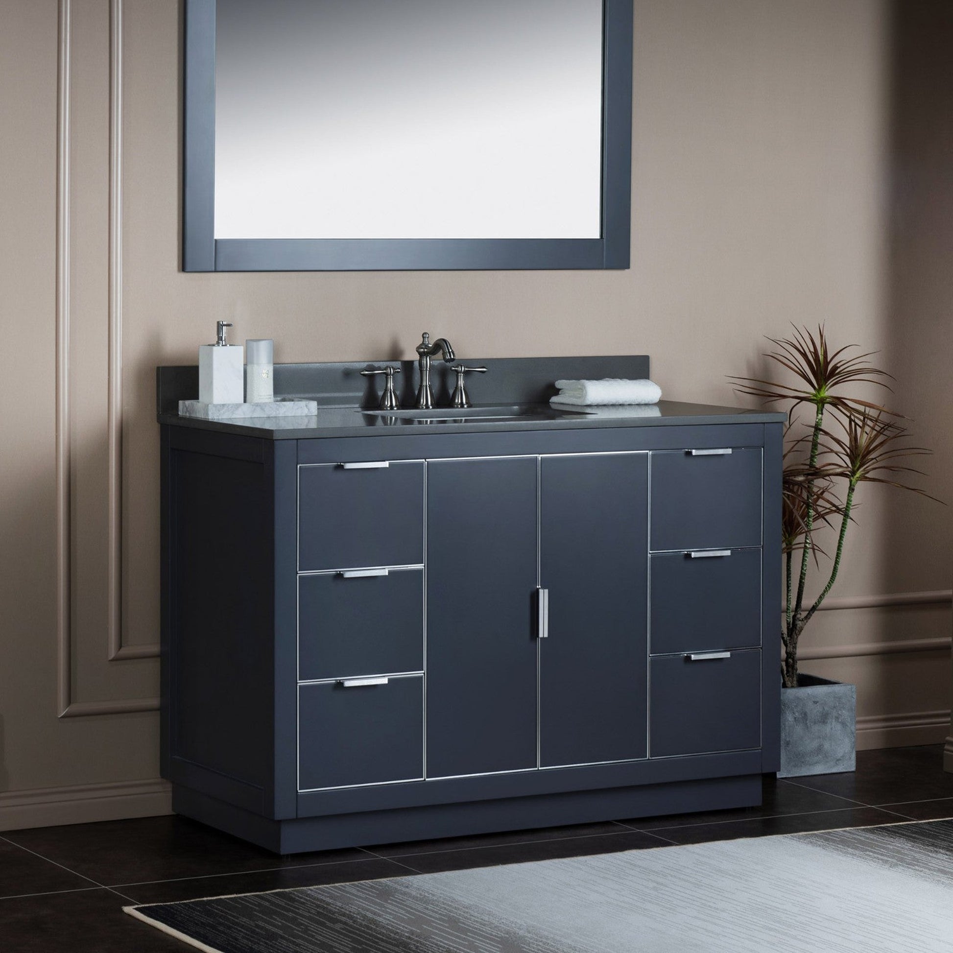 Woodbridge Venice 48" Gray and Brushed Nickel Trim Solid Wood Vanity Base and Dark Gray Engineered Stone Composite Top With 3 Pre-drilled Holes for 8" Widespread Faucet