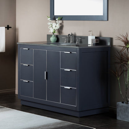 Woodbridge Venice 48" Gray and Brushed Nickel Trim Solid Wood Vanity Base and Dark Gray Engineered Stone Composite Top With 3 Pre-drilled Holes for 8" Widespread Faucet