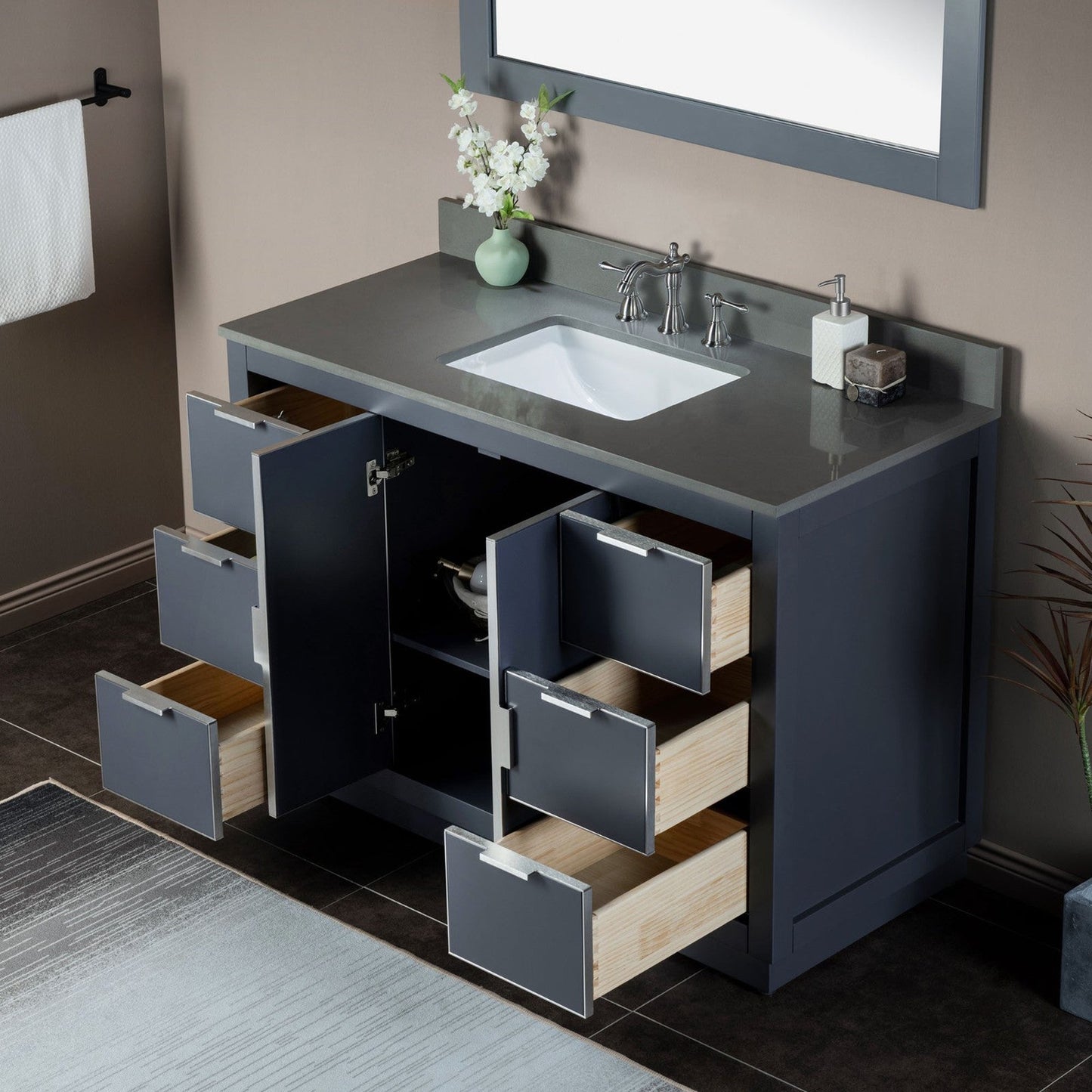 Woodbridge Venice 48" Gray and Brushed Nickel Trim Solid Wood Vanity Base and Dark Gray Engineered Stone Composite Top With 3 Pre-drilled Holes for 8" Widespread Faucet