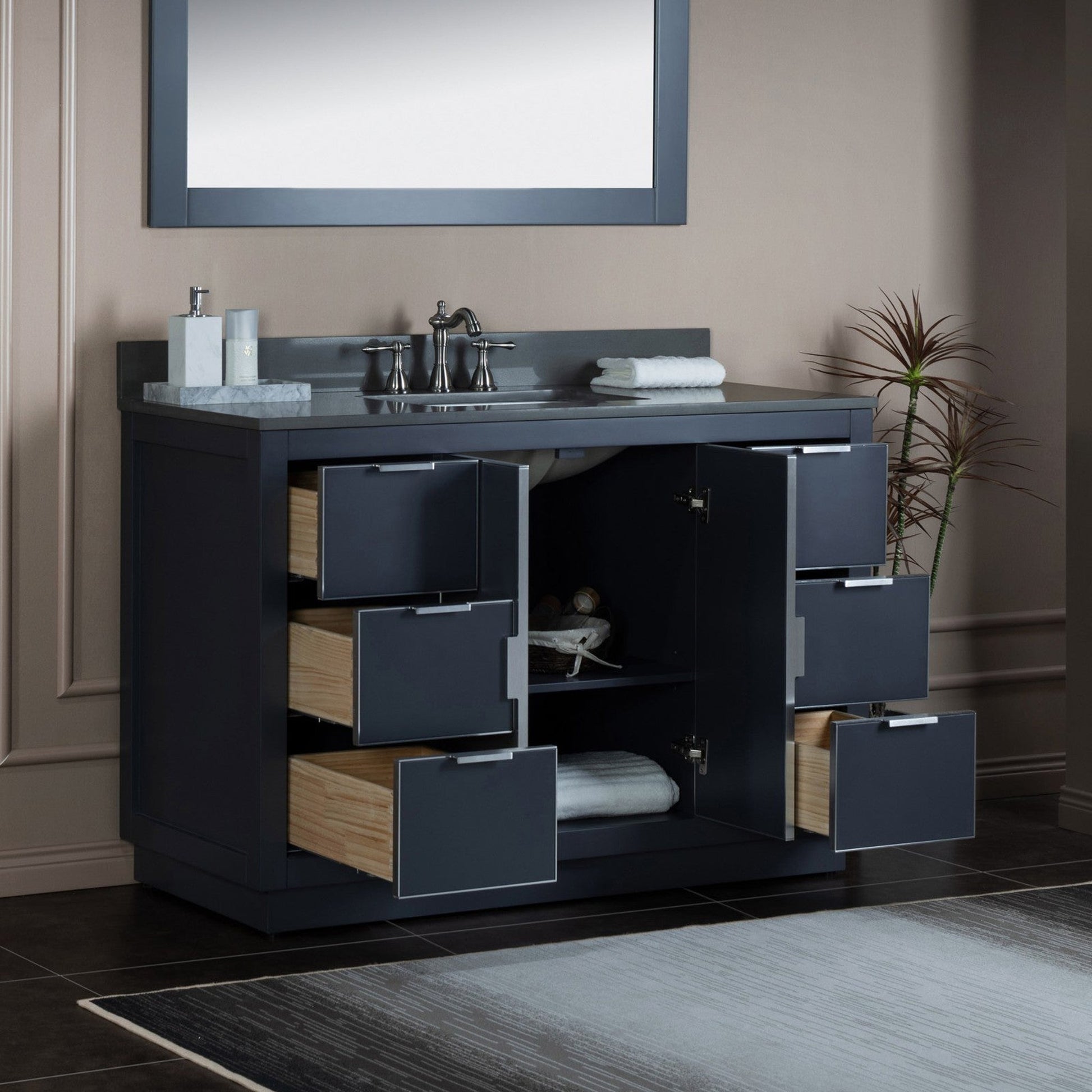 Woodbridge Venice 48" Gray and Brushed Nickel Trim Solid Wood Vanity Base and Dark Gray Engineered Stone Composite Top With 3 Pre-drilled Holes for 8" Widespread Faucet