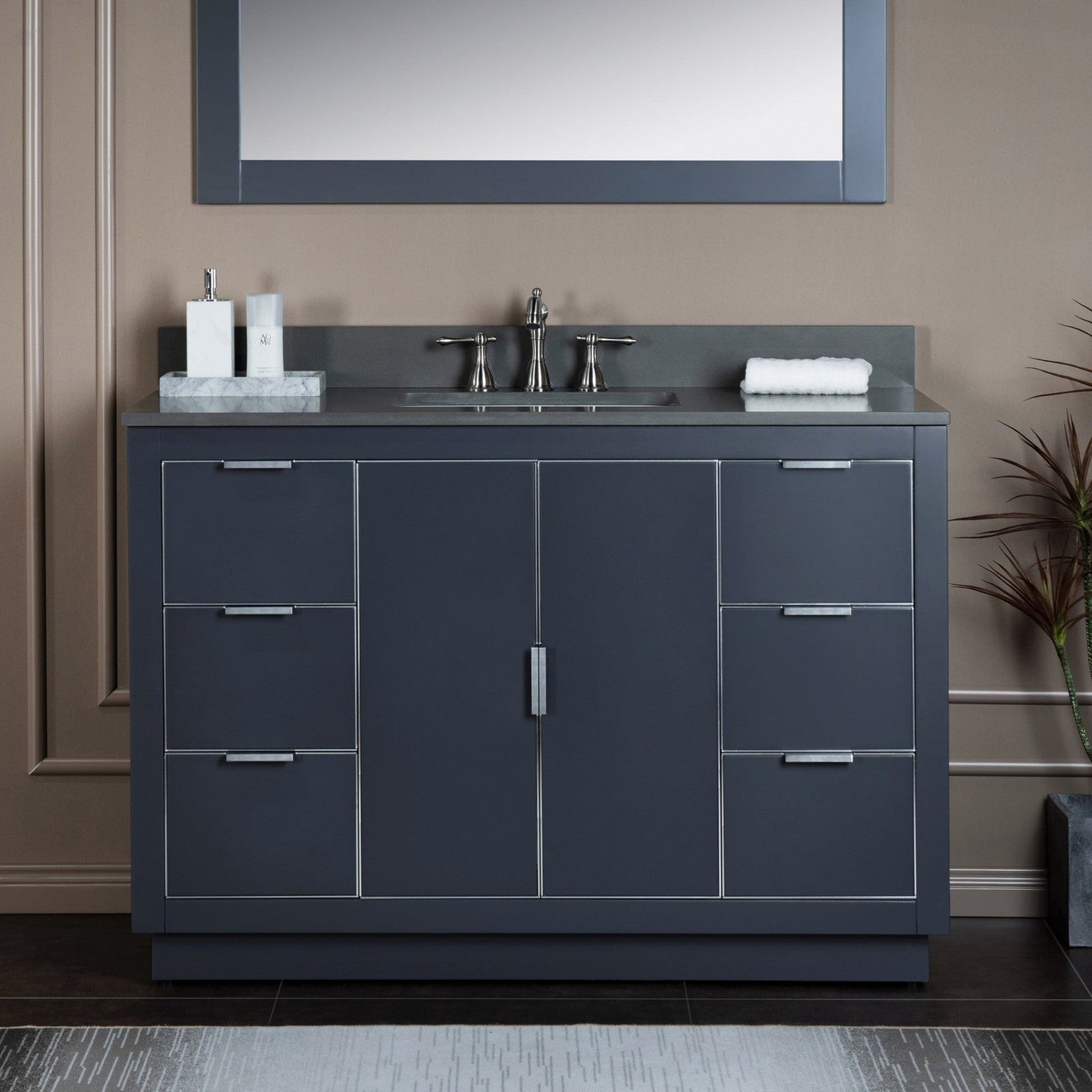 Woodbridge Venice 48" Gray and Brushed Nickel Trim Solid Wood Vanity Base and Dark Gray Engineered Stone Composite Top With 3 Pre-drilled Holes for 8" Widespread Faucet