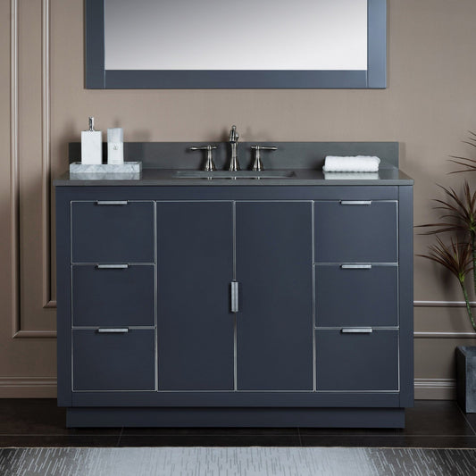 Woodbridge Venice 48" Gray and Brushed Nickel Trim Solid Wood Vanity Base and Dark Gray Engineered Stone Composite Top With 3 Pre-drilled Holes for 8" Widespread Faucet