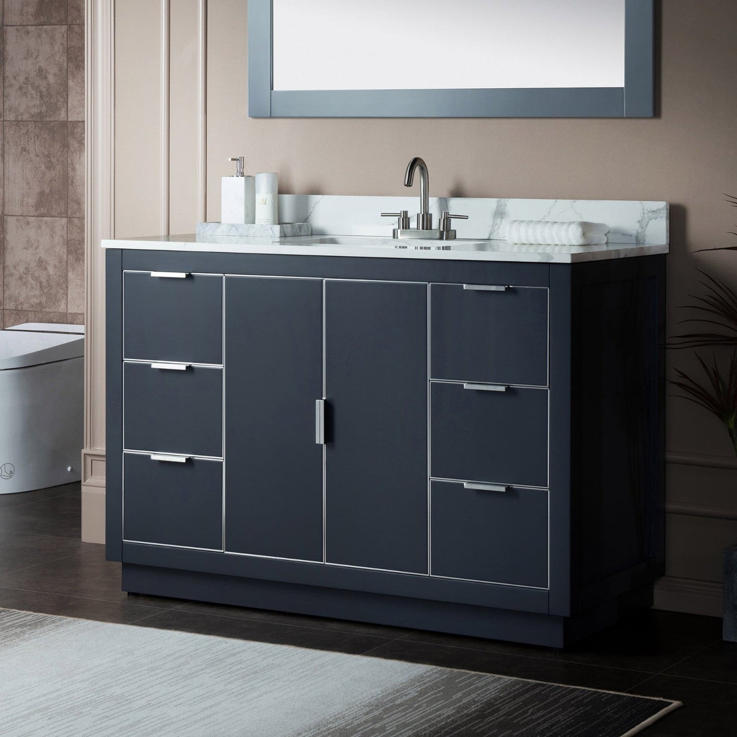 Woodbridge Venice 48" Gray and Brushed Nickel Trim Solid Wood Vanity Base and Fish Belly White Engineered Stone Composite Top With 3 Pre-Drilled Holes for 4" Centerset Faucet