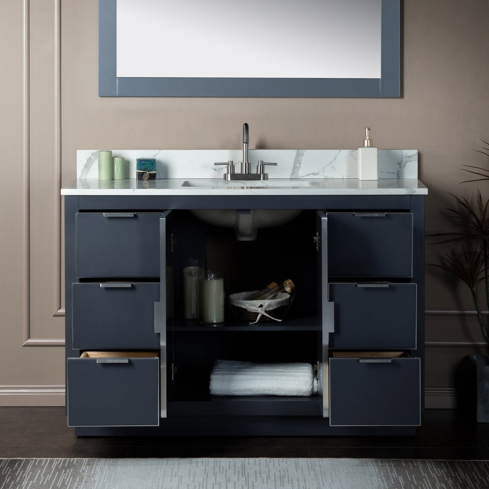 Woodbridge Venice 48" Gray and Brushed Nickel Trim Solid Wood Vanity Base and Fish Belly White Engineered Stone Composite Top With 3 Pre-Drilled Holes for 4" Centerset Faucet