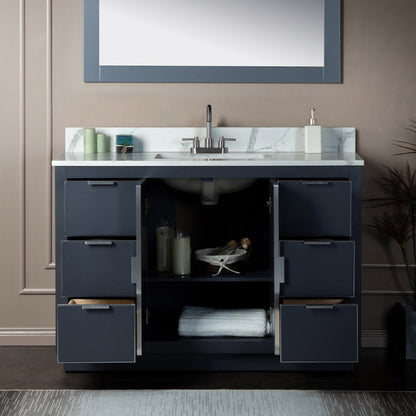 Woodbridge Venice 48" Gray and Brushed Nickel Trim Solid Wood Vanity Base and Fish Belly White Engineered Stone Composite Top With 3 Pre-Drilled Holes for 4" Centerset Faucet